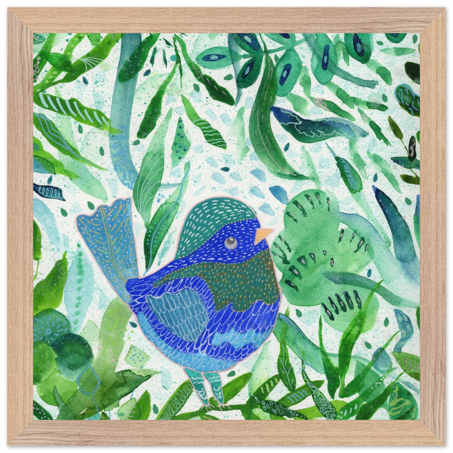 Blue bird among green botanical leaves — nature-inspired fine art print for nursery, therapy office or calming bedroom wall art