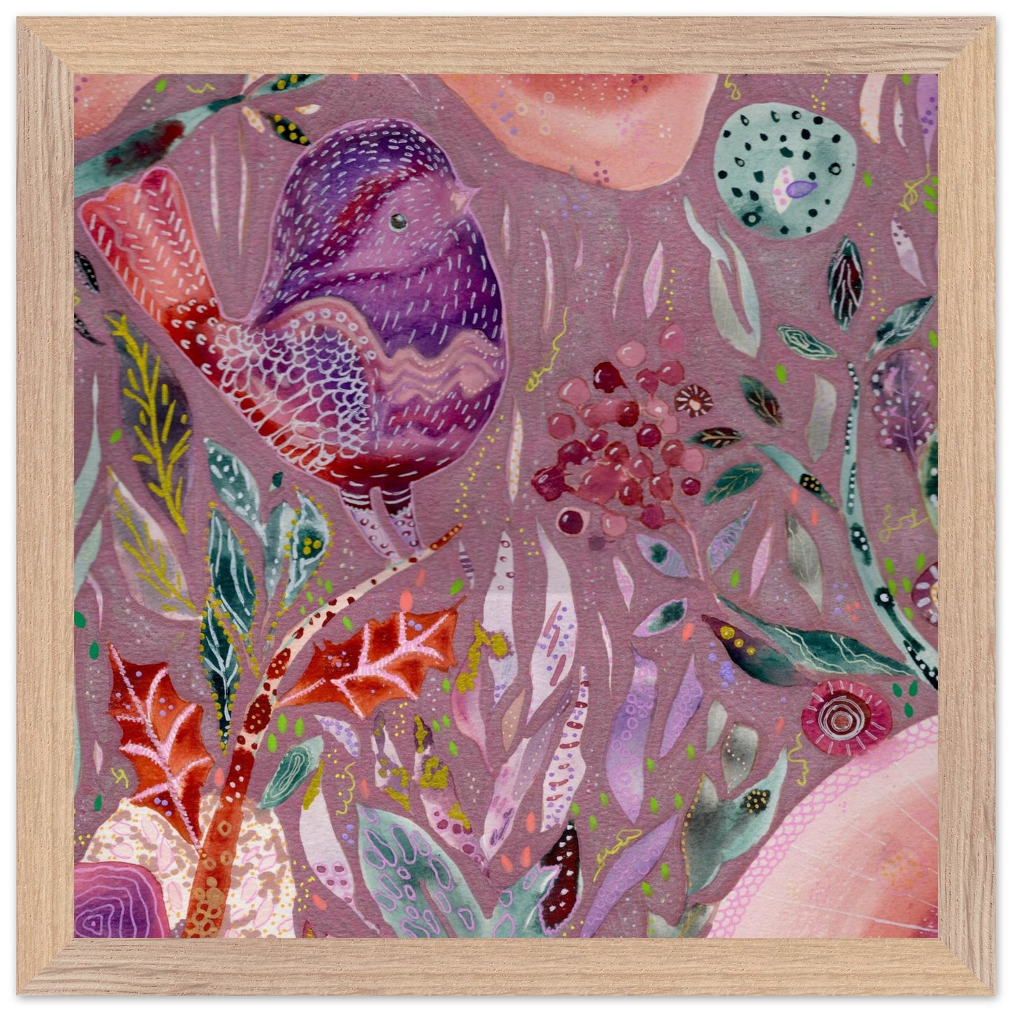 Framed whimsical purple bird in enchanted botanical garden — detailed mixed media fine art print for nursery, therapy office or calming bedroom wall art