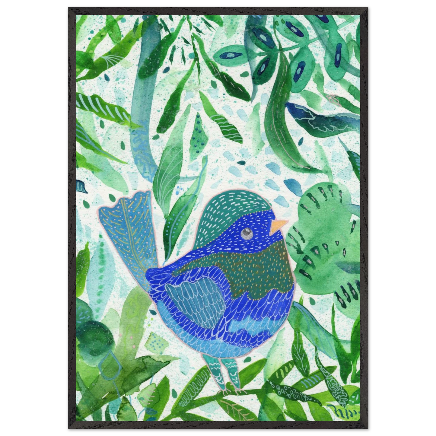 Blue bird among green botanical leaves — nature-inspired fine art print for nursery, therapy office or calming bedroom wall art