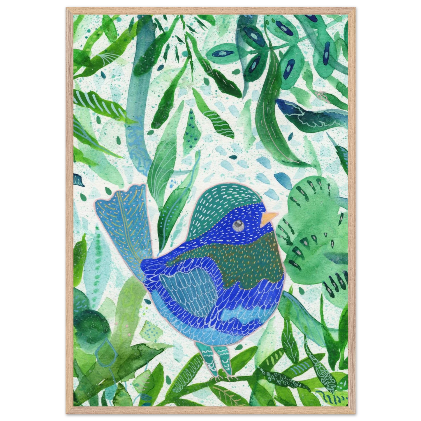 Blue bird among green botanical leaves — nature-inspired fine art print for nursery, therapy office or calming bedroom wall art