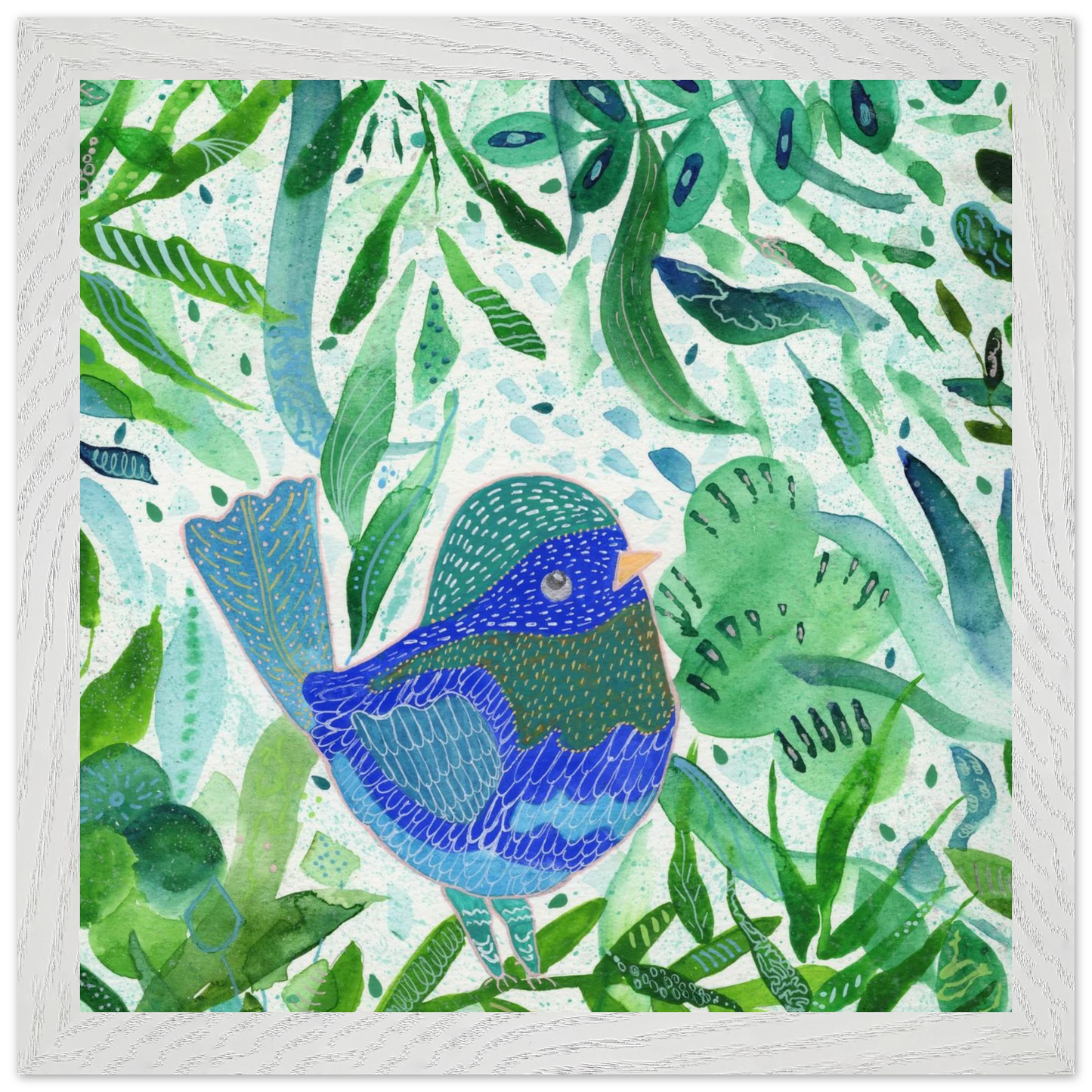 Blue bird among green botanical leaves — nature-inspired fine art print for nursery, therapy office or calming bedroom wall art