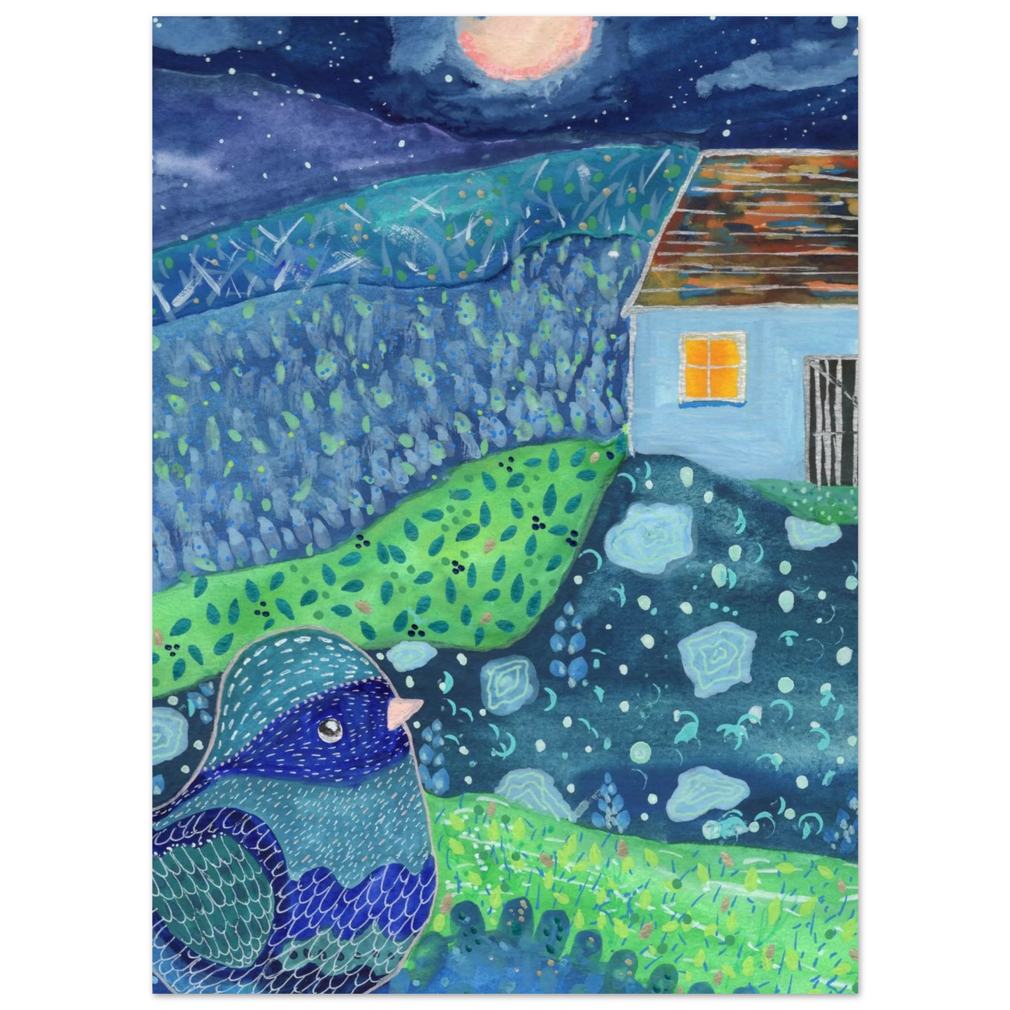 Whimsical bird coming home, warm-toned fine art print for nursery, baby room, therapy , play area wall art