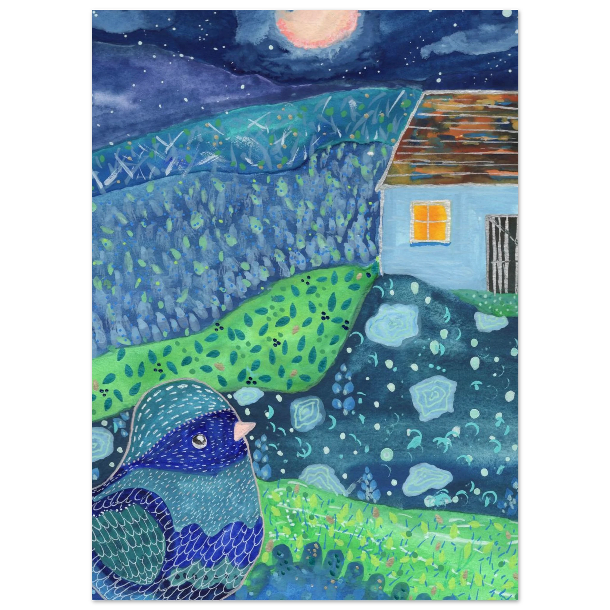 Whimsical bird coming home, warm-toned fine art print for nursery, baby room, therapy , play area wall art