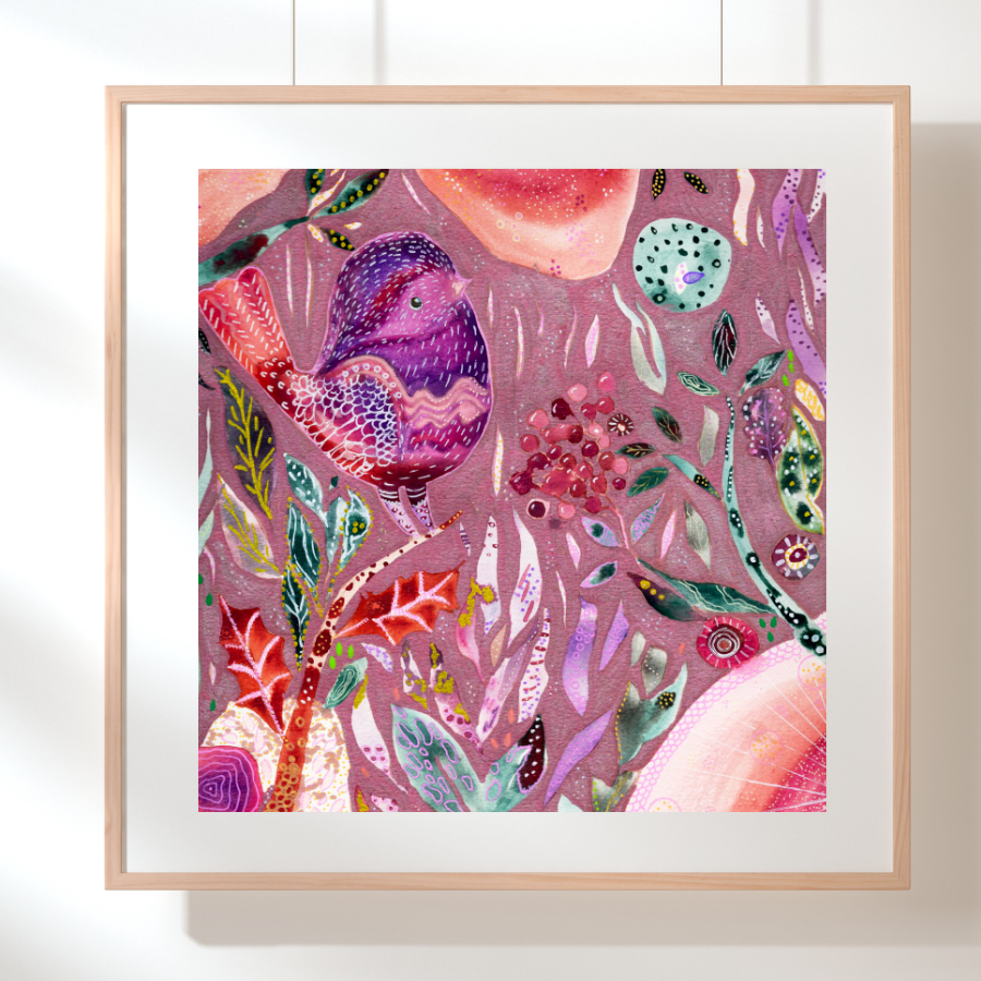 Framed whimsical purple bird in enchanted botanical garden — mixed media fine art print for nursery, therapy office or calming bedroom wall art