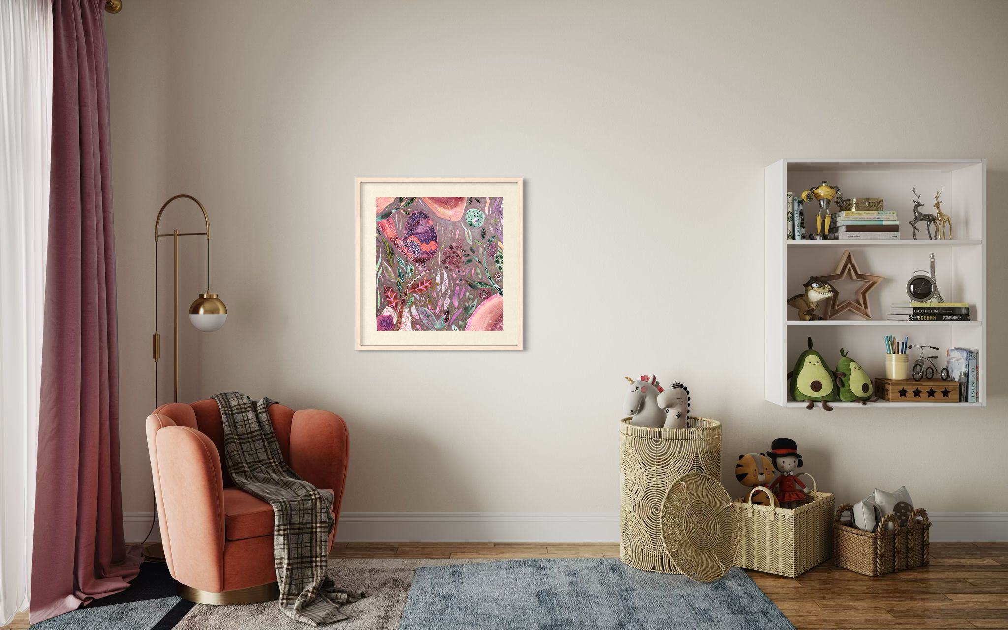 Original mixed media bird artwork in warm tones — soothing nature art for nursery or therapy office wall