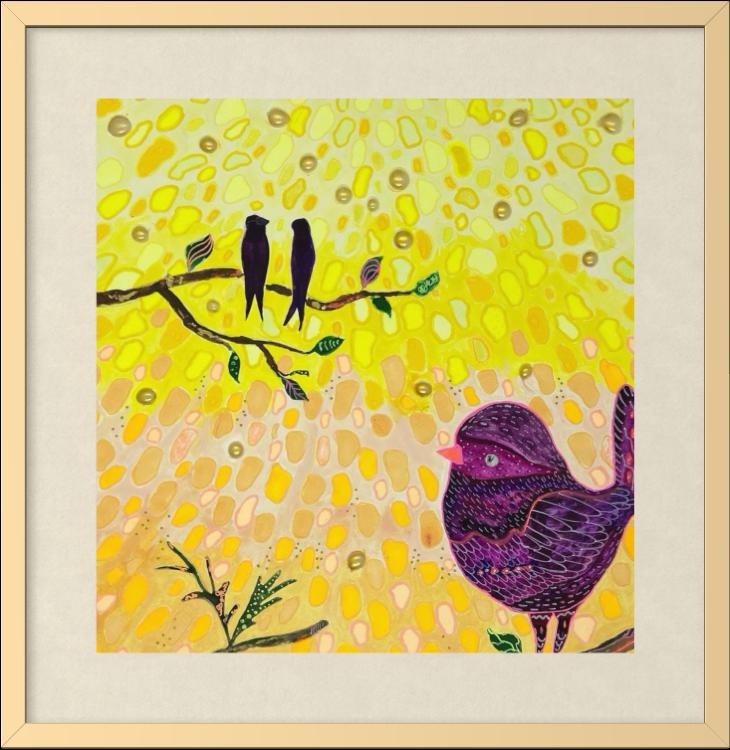 Framed whimsical bird art print in warm golden and pink tones — calming wall art for nursery, playroom or therapy office